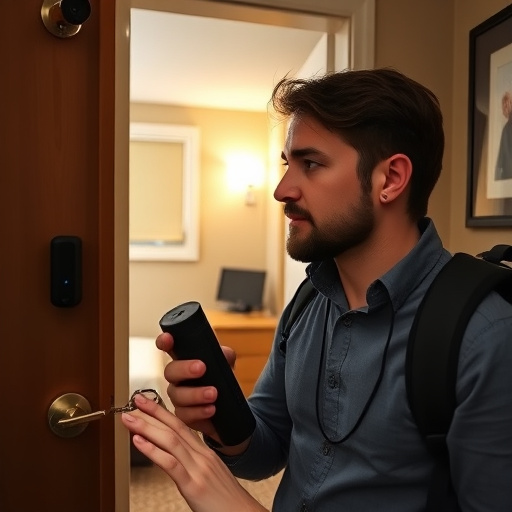 discreet door alarm placed in hostel doorframe,security camera in budget guesthouse hallway,motion sensor light mounted in travel lodge,traveler testing mini pepper spray keychain,solo traveler holding a smart keychain alarm