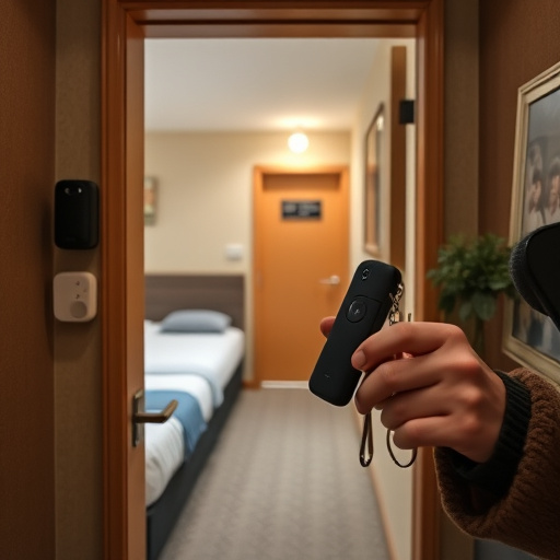 discreet door alarm placed in hostel doorframe,security camera in budget guesthouse hallway,motion sensor light mounted in travel lodge,traveler testing mini pepper spray keychain,solo traveler holding a smart keychain alarm