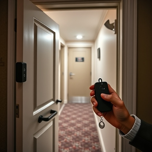 discreet door alarm placed in hostel doorframe,security camera in budget guesthouse hallway,motion sensor light mounted in travel lodge,traveler testing mini pepper spray keychain,solo traveler holding a smart keychain alarm