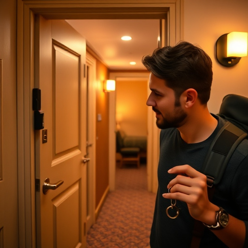 discreet door alarm placed in hostel doorframe,security camera in budget guesthouse hallway,motion sensor light mounted in travel lodge,traveler testing mini pepper spray keychain,solo traveler holding a smart keychain alarm