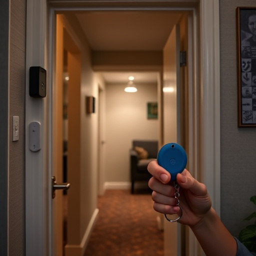 discreet door alarm placed in hostel doorframe,security camera in budget guesthouse hallway,motion sensor light mounted in travel lodge,traveler testing mini pepper spray keychain,solo traveler holding a smart keychain alarm