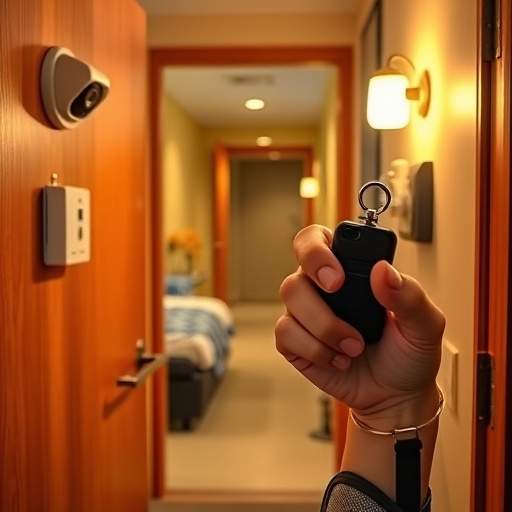 discreet door alarm placed in hostel doorframe,security camera in budget guesthouse hallway,motion sensor light mounted in travel lodge,traveler testing mini pepper spray keychain,solo traveler holding a smart keychain alarm