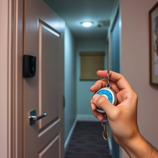 discreet door alarm placed in hostel doorframe,security camera in budget guesthouse hallway,motion sensor light mounted in travel lodge,traveler testing mini pepper spray keychain,solo traveler holding a smart keychain alarm
