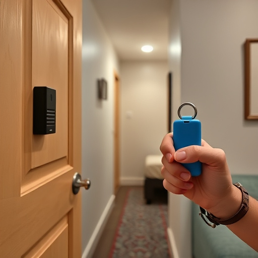 discreet door alarm placed in hostel doorframe,security camera in budget guesthouse hallway,motion sensor light mounted in travel lodge,traveler testing mini pepper spray keychain,solo traveler holding a smart keychain alarm