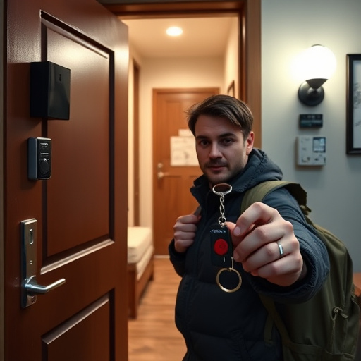 discreet door alarm placed in hostel doorframe,security camera in budget guesthouse hallway,motion sensor light mounted in travel lodge,traveler testing mini pepper spray keychain,solo traveler holding a smart keychain alarm