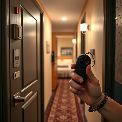 discreet door alarm placed in hostel doorframe,security camera in budget guesthouse hallway,motion sensor light mounted in travel lodge,traveler testing mini pepper spray keychain,solo traveler holding a smart keychain alarm