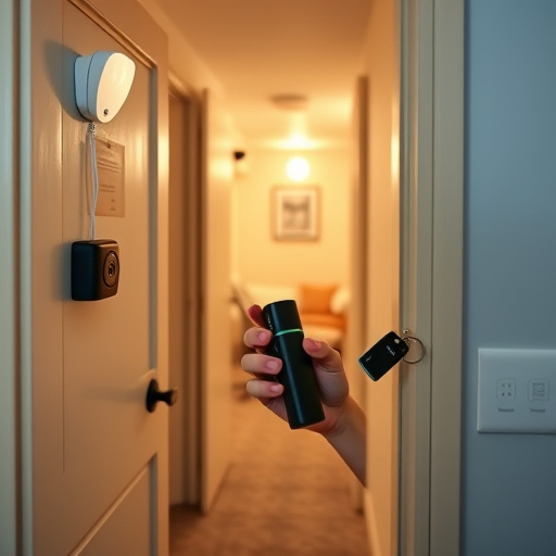 discreet door alarm placed in hostel doorframe,security camera in budget guesthouse hallway,motion sensor light mounted in travel lodge,traveler testing mini pepper spray keychain,solo traveler holding a smart keychain alarm
