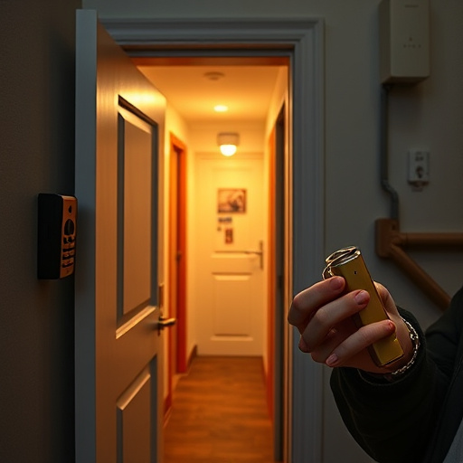 discreet door alarm placed in hostel doorframe,security camera in budget guesthouse hallway,motion sensor light mounted in travel lodge,traveler testing mini pepper spray keychain,solo traveler holding a smart keychain alarm