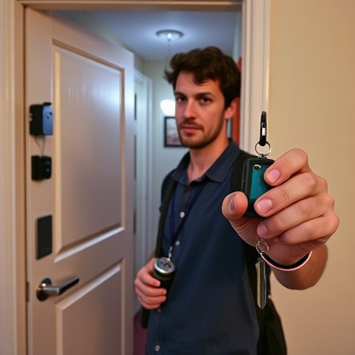 discreet door alarm placed in hostel doorframe,security camera in budget guesthouse hallway,motion sensor light mounted in travel lodge,traveler testing mini pepper spray keychain,solo traveler holding a smart keychain alarm