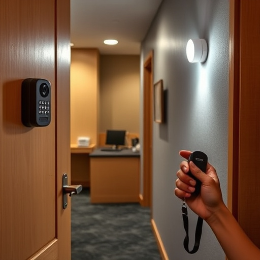discreet door alarm placed in hostel doorframe,security camera in budget guesthouse hallway,motion sensor light mounted in travel lodge,traveler testing mini pepper spray keychain,solo traveler holding a smart keychain alarm