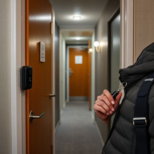 discreet door alarm placed in hostel doorframe,security camera in budget guesthouse hallway,motion sensor light mounted in travel lodge,traveler testing mini pepper spray keychain,solo traveler holding a smart keychain alarm