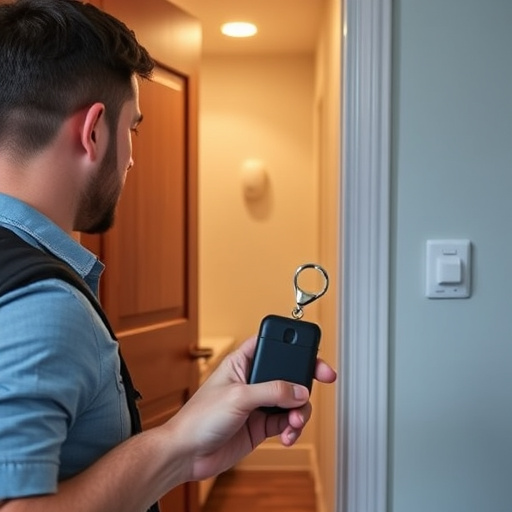 discreet door alarm placed in hostel doorframe,security camera in budget guesthouse hallway,motion sensor light mounted in travel lodge,traveler testing mini pepper spray keychain,solo traveler holding a smart keychain alarm