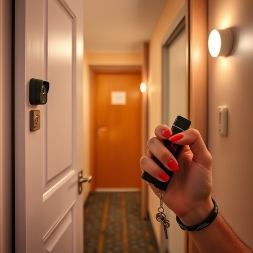 discreet door alarm placed in hostel doorframe,security camera in budget guesthouse hallway,motion sensor light mounted in travel lodge,traveler testing mini pepper spray keychain,solo traveler holding a smart keychain alarm