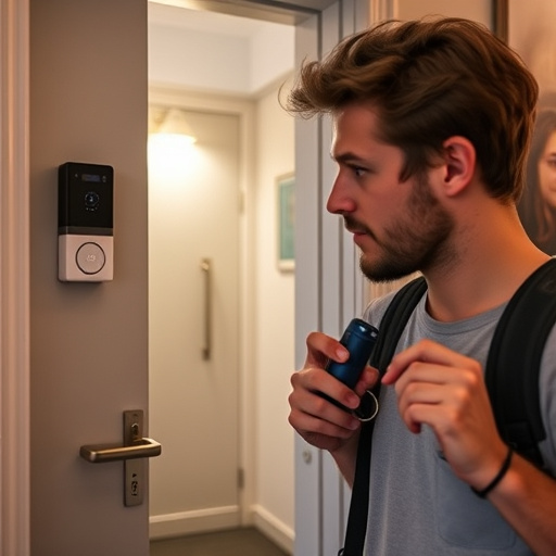 discreet door alarm placed in hostel doorframe,security camera in budget guesthouse hallway,motion sensor light mounted in travel lodge,traveler testing mini pepper spray keychain,solo traveler holding a smart keychain alarm
