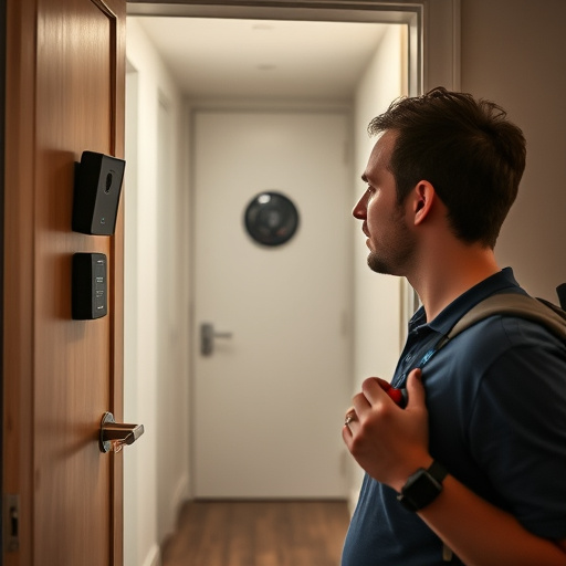 discreet door alarm placed in hostel doorframe,security camera in budget guesthouse hallway,motion sensor light mounted in travel lodge,traveler testing mini pepper spray keychain,solo traveler holding a smart keychain alarm