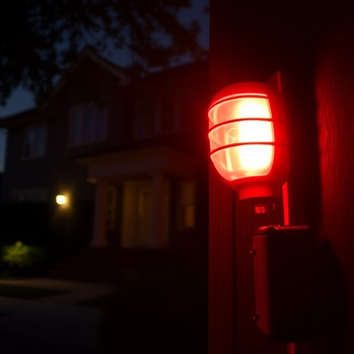 flashing red home security alert light at night