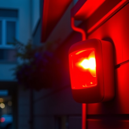 flashing red home security alert light at night