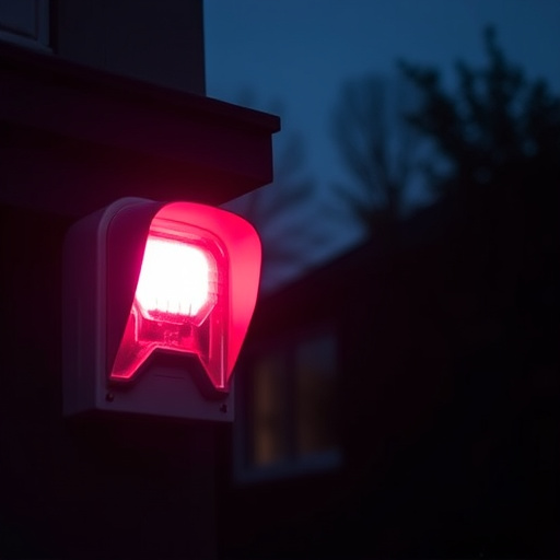 flashing red home security alert light at night