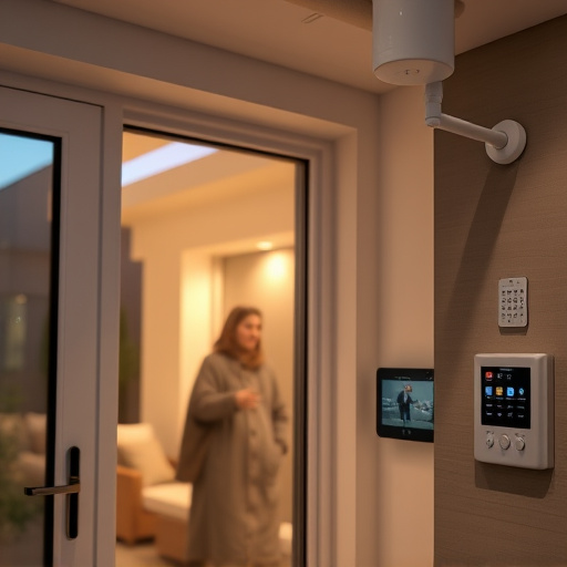 glass break sensor on sliding door,doorbell camera recording visitor at night,motion-activated surveillance camera under roof eaves,home monitoring control room with multiple screens,security keypad on modern apartment wall
