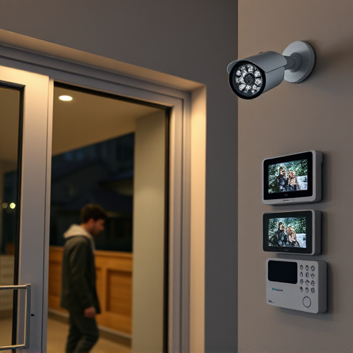 glass break sensor on sliding door,doorbell camera recording visitor at night,motion-activated surveillance camera under roof eaves,home monitoring control room with multiple screens,security keypad on modern apartment wall
