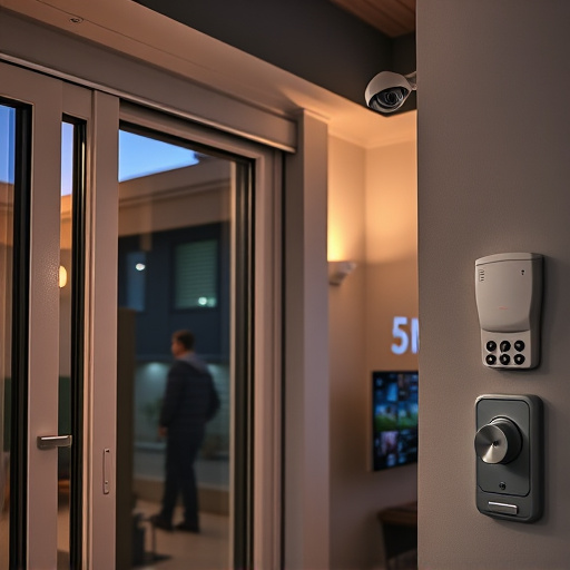 glass break sensor on sliding door,doorbell camera recording visitor at night,motion-activated surveillance camera under roof eaves,home monitoring control room with multiple screens,security keypad on modern apartment wall