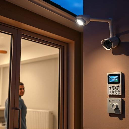 glass break sensor on sliding door,doorbell camera recording visitor at night,motion-activated surveillance camera under roof eaves,home monitoring control room with multiple screens,security keypad on modern apartment wall