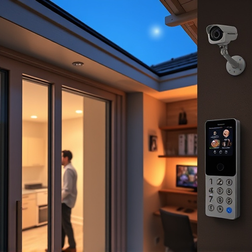 glass break sensor on sliding door,doorbell camera recording visitor at night,motion-activated surveillance camera under roof eaves,home monitoring control room with multiple screens,security keypad on modern apartment wall