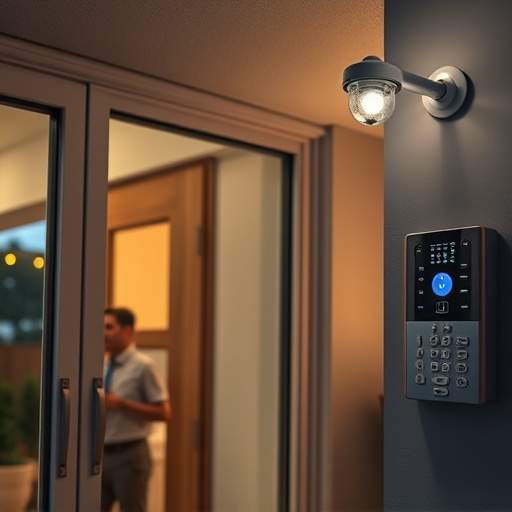 glass break sensor on sliding door,doorbell camera recording visitor at night,motion-activated surveillance camera under roof eaves,home monitoring control room with multiple screens,security keypad on modern apartment wall