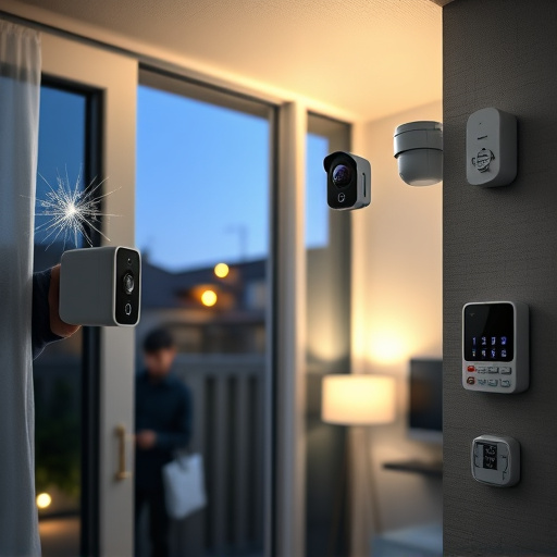 glass break sensor on sliding door,doorbell camera recording visitor at night,motion-activated surveillance camera under roof eaves,home monitoring control room with multiple screens,security keypad on modern apartment wall