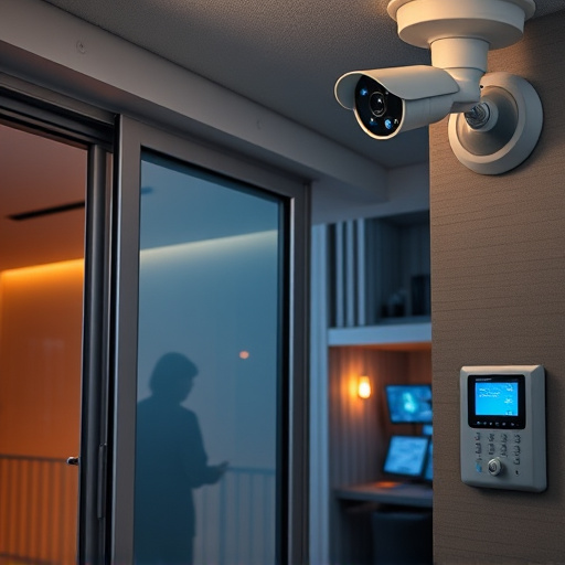 glass break sensor on sliding door,doorbell camera recording visitor at night,motion-activated surveillance camera under roof eaves,home monitoring control room with multiple screens,security keypad on modern apartment wall