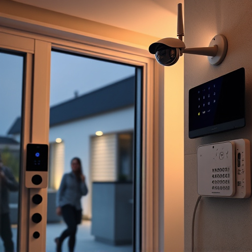 glass break sensor on sliding door,doorbell camera recording visitor at night,motion-activated surveillance camera under roof eaves,home monitoring control room with multiple screens,security keypad on modern apartment wall