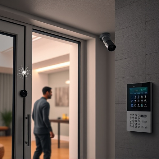 glass break sensor on sliding door,doorbell camera recording visitor at night,motion-activated surveillance camera under roof eaves,home monitoring control room with multiple screens,security keypad on modern apartment wall
