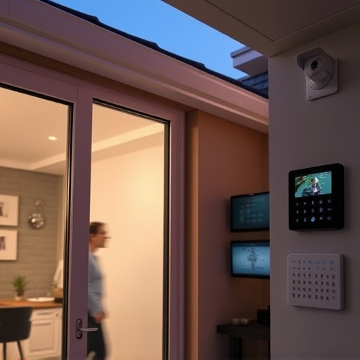 glass break sensor on sliding door,doorbell camera recording visitor at night,motion-activated surveillance camera under roof eaves,home monitoring control room with multiple screens,security keypad on modern apartment wall