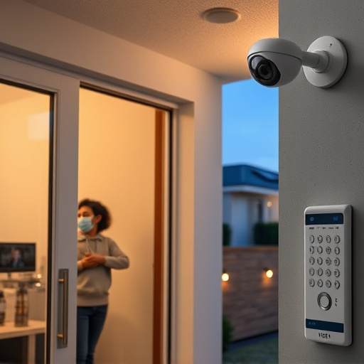 glass break sensor on sliding door,doorbell camera recording visitor at night,motion-activated surveillance camera under roof eaves,home monitoring control room with multiple screens,security keypad on modern apartment wall