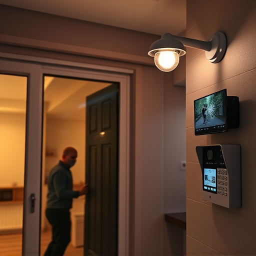 glass break sensor on sliding door,doorbell camera recording visitor at night,motion-activated surveillance camera under roof eaves,home monitoring control room with multiple screens,security keypad on modern apartment wall