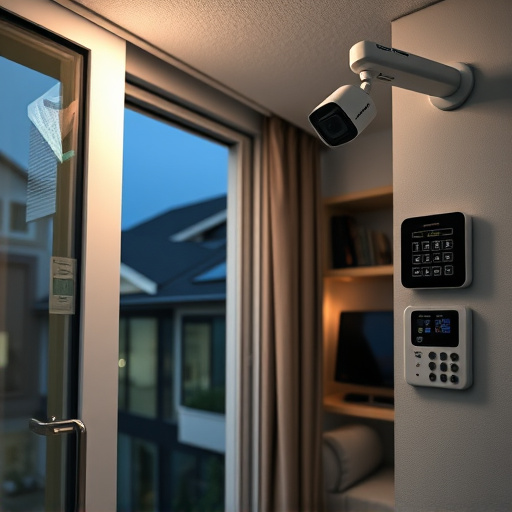 glass break sensor on sliding door,doorbell camera recording visitor at night,motion-activated surveillance camera under roof eaves,home monitoring control room with multiple screens,security keypad on modern apartment wall