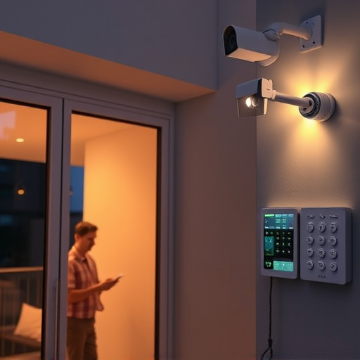 glass break sensor on sliding door,doorbell camera recording visitor at night,motion-activated surveillance camera under roof eaves,home monitoring control room with multiple screens,security keypad on modern apartment wall