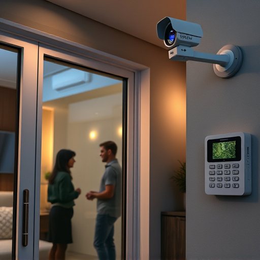 glass break sensor on sliding door,doorbell camera recording visitor at night,motion-activated surveillance camera under roof eaves,home monitoring control room with multiple screens,security keypad on modern apartment wall