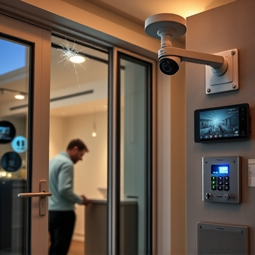 glass break sensor on sliding door,doorbell camera recording visitor at night,motion-activated surveillance camera under roof eaves,home monitoring control room with multiple screens,security keypad on modern apartment wall