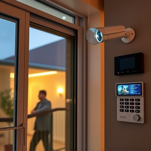 glass break sensor on sliding door,doorbell camera recording visitor at night,motion-activated surveillance camera under roof eaves,home monitoring control room with multiple screens,security keypad on modern apartment wall