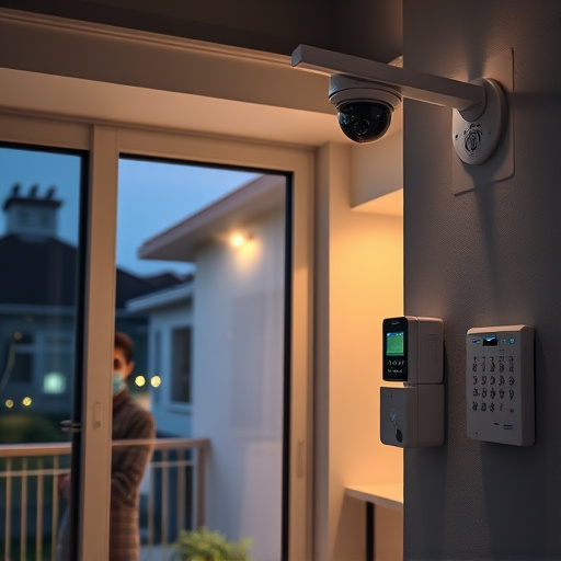 glass break sensor on sliding door,doorbell camera recording visitor at night,motion-activated surveillance camera under roof eaves,home monitoring control room with multiple screens,security keypad on modern apartment wall