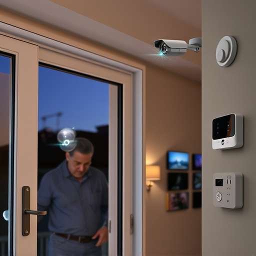 glass break sensor on sliding door,doorbell camera recording visitor at night,motion-activated surveillance camera under roof eaves,home monitoring control room with multiple screens,security keypad on modern apartment wall