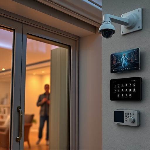 glass break sensor on sliding door,doorbell camera recording visitor at night,motion-activated surveillance camera under roof eaves,home monitoring control room with multiple screens,security keypad on modern apartment wall