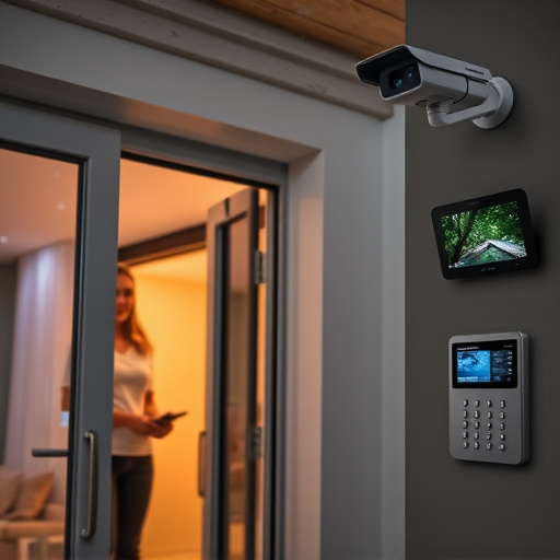 glass break sensor on sliding door,doorbell camera recording visitor at night,motion-activated surveillance camera under roof eaves,home monitoring control room with multiple screens,security keypad on modern apartment wall