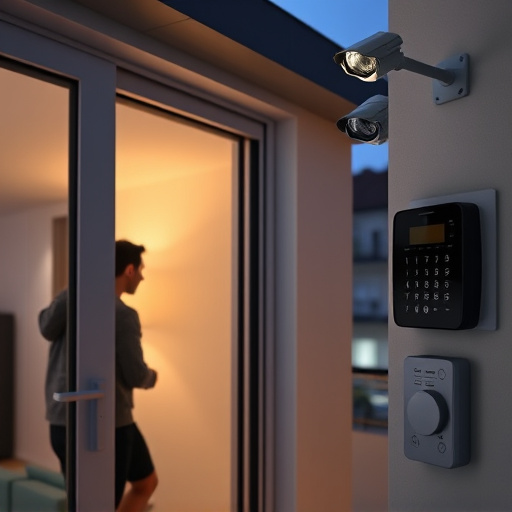 glass break sensor on sliding door,doorbell camera recording visitor at night,motion-activated surveillance camera under roof eaves,home monitoring control room with multiple screens,security keypad on modern apartment wall