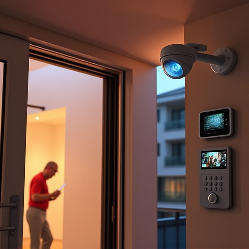 glass break sensor on sliding door,doorbell camera recording visitor at night,motion-activated surveillance camera under roof eaves,home monitoring control room with multiple screens,security keypad on modern apartment wall