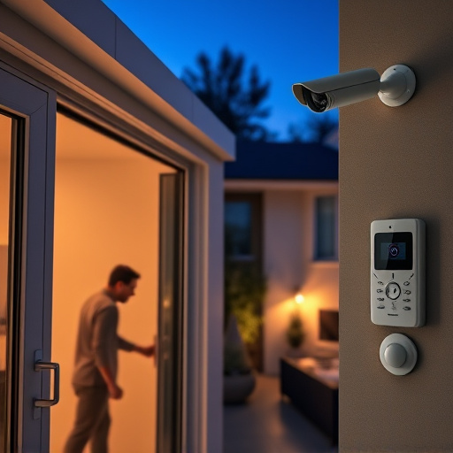 glass break sensor on sliding door,doorbell camera recording visitor at night,motion-activated surveillance camera under roof eaves,home monitoring control room with multiple screens,security keypad on modern apartment wall