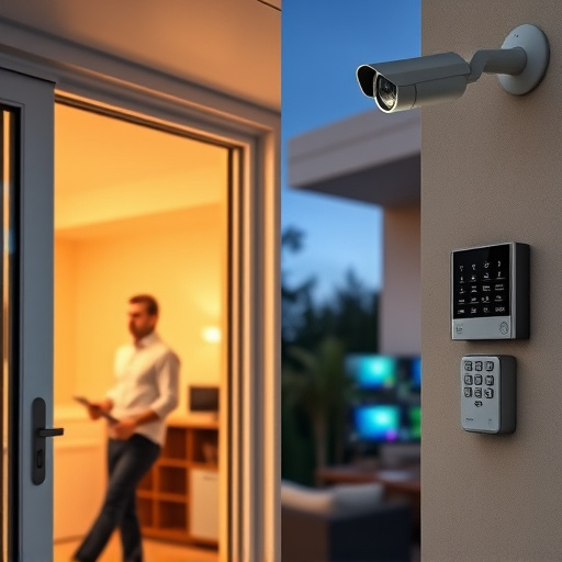 glass break sensor on sliding door,doorbell camera recording visitor at night,motion-activated surveillance camera under roof eaves,home monitoring control room with multiple screens,security keypad on modern apartment wall
