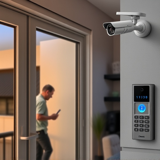 glass break sensor on sliding door,doorbell camera recording visitor at night,motion-activated surveillance camera under roof eaves,home monitoring control room with multiple screens,security keypad on modern apartment wall