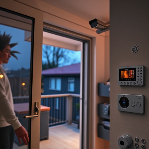 glass break sensor on sliding door,doorbell camera recording visitor at night,motion-activated surveillance camera under roof eaves,home monitoring control room with multiple screens,security keypad on modern apartment wall
